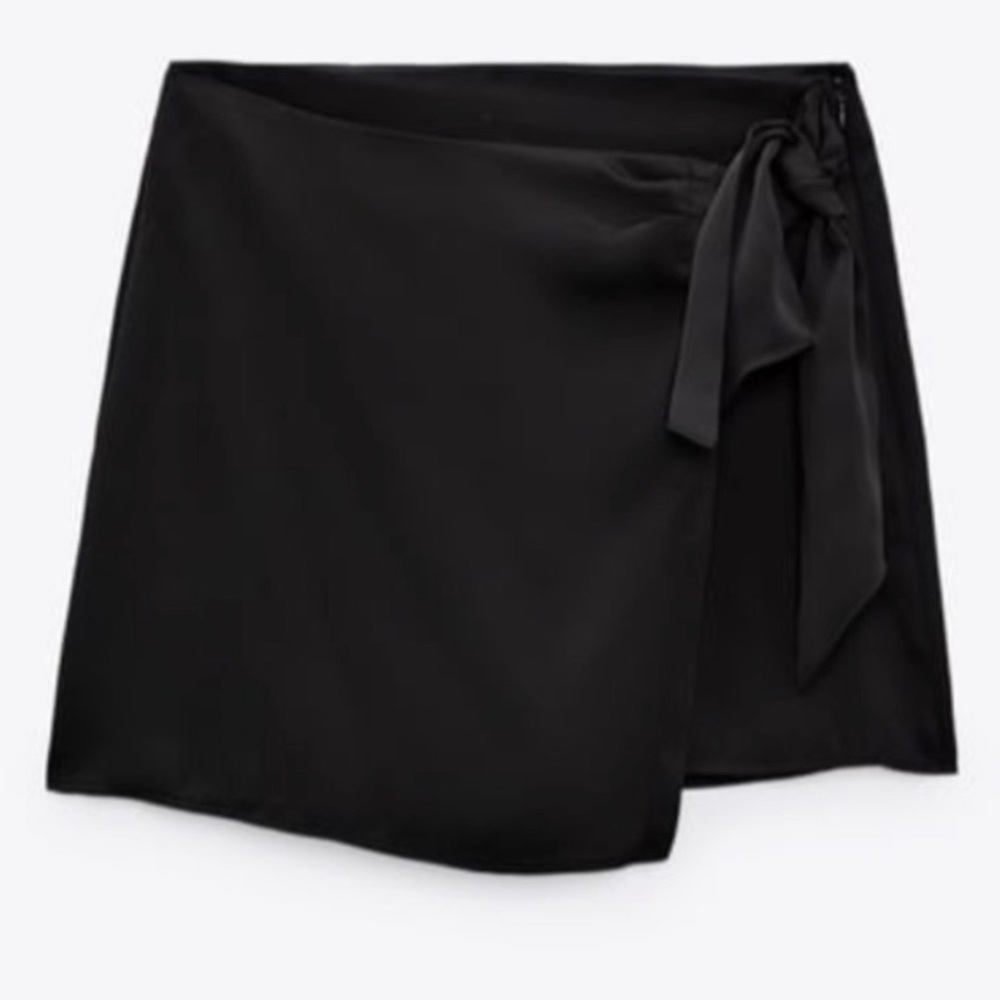 Zara Satin Black Self Tied Wrap Mini Skort M - Picture 4 of 14